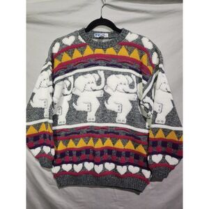 80's ROSE Acrylic Dancing Elephants & Hearts Chunky‎ Knit Acrylic Sweater Medium